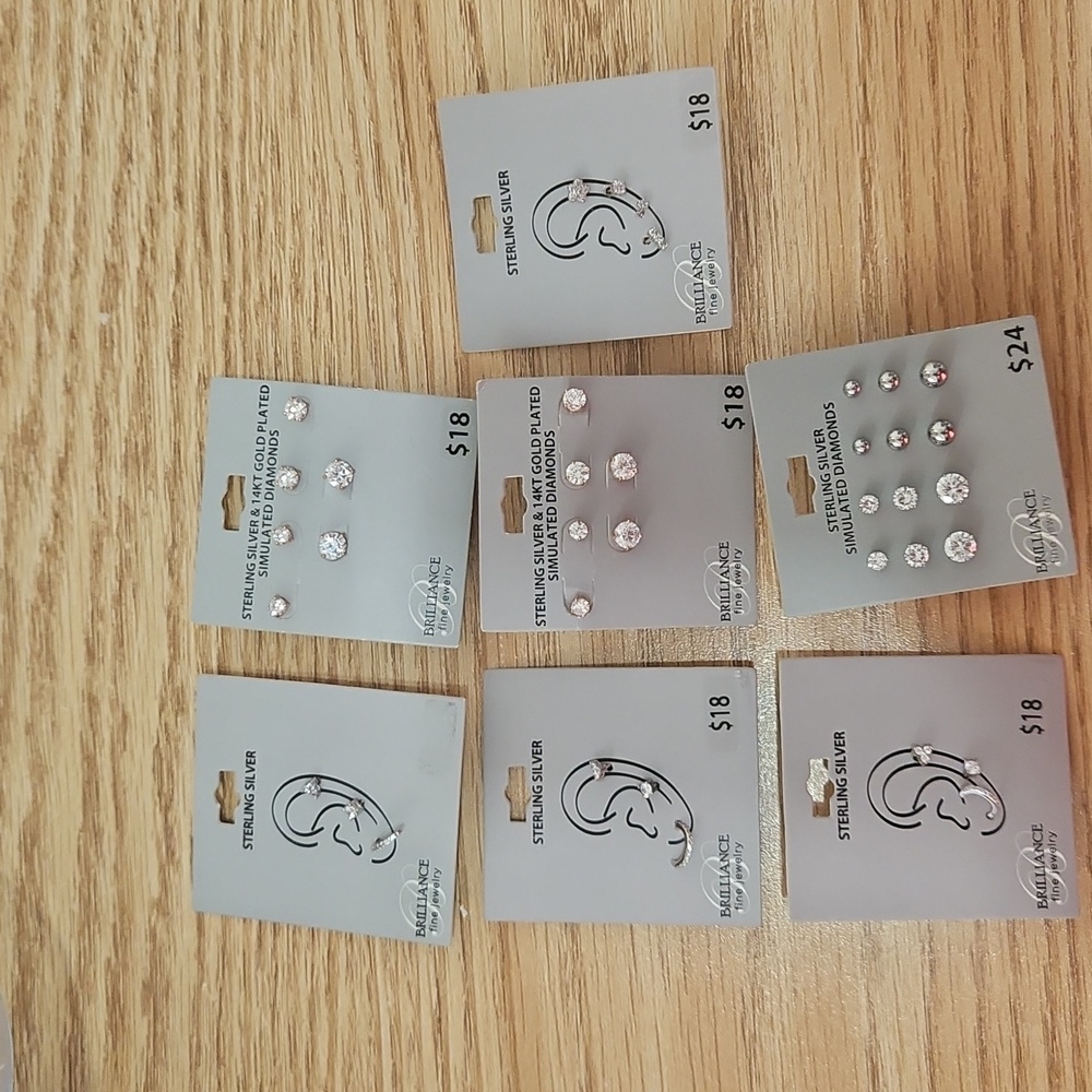 7 Pairs Silver (.925) Earrings Some With Gold Plating And Simulated Diamonds